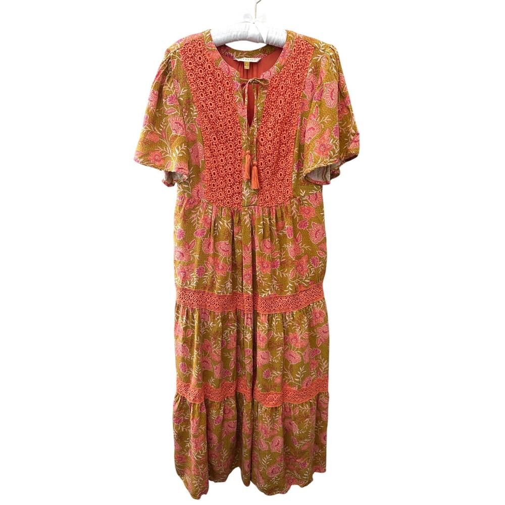 DOWNEAST Orange Green Floral Boho Maxi Dress Crochet Prairie Festival Small